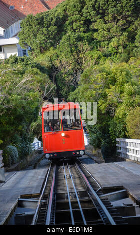 Wellington Seilbahn Straßenbahn Wellington rote Seilbahn auf Schienen im Inneren und äußeren auf dem richtigen Weg Stockfoto