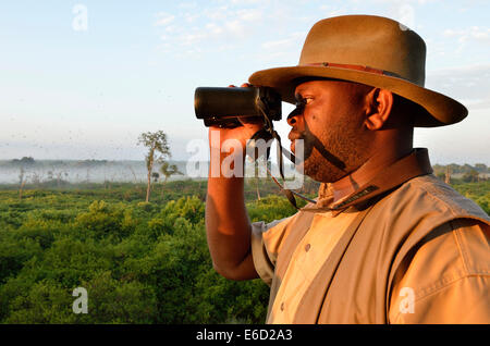 Lokale Mann Blick durch ein Fernglas, Kasanka Nationalpark, Sambia Stockfoto