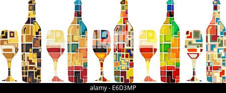 Abstrakte bearbeitbares Vektor Mosaiken von Wein in Flaschen und Gläser Stock Vektor