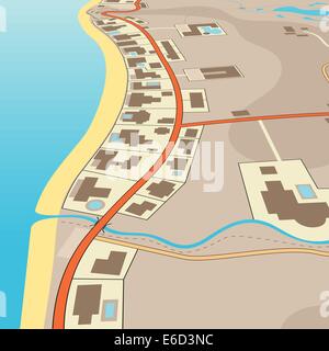 Bearbeitbares Vektor-Illustration einer abgewinkelten generische Karte exklusive Häuser direkt am Strand Stock Vektor