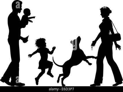 Editierbare Vector Silhouetten von eine Frau vom Mann, Kinder und Hund mit allen Zahlen als separate Objekte Hause begrüßt Stock Vektor