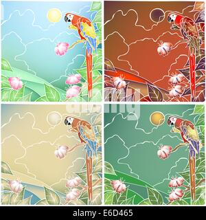 Vier Farbvarianten des eine bearbeitbare Vektor-Illustration eine Ara-Papagei im Batik-Stil mit Farbverlauf Maschen hergestellt Stock Vektor