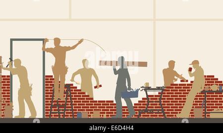 Bearbeitbares Vektor-Illustration von Bauarbeitern auf einer Baustelle Stock Vektor