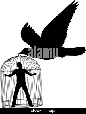 Bearbeitbares Vektor Silhouette eine Taube oder Taube trägt einen Mann in einem Käfig Stock Vektor