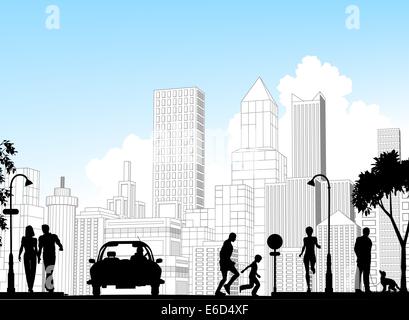 Bearbeitbares Vektor Silhouette an einer belebten Straße mit Stadtgebäude als Hintergrund; alle Elemente der Silhouette als separate Objekte. Stock Vektor