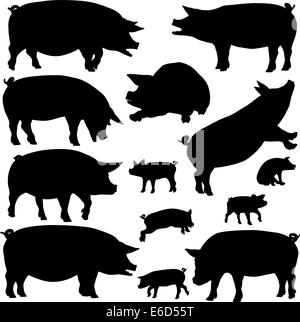 Satz von bearbeitbaren Vector Silhouetten der Schweine und Ferkel Stock Vektor