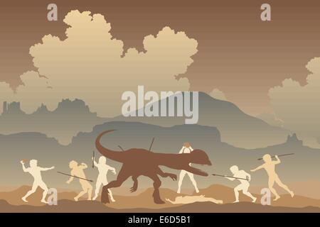 Editierbare Vektor-Illustration von Höhlenmenschen kämpfen einen Dilophosaurus Dinosaurier in einer urtümlichen Landschaft Stock Vektor