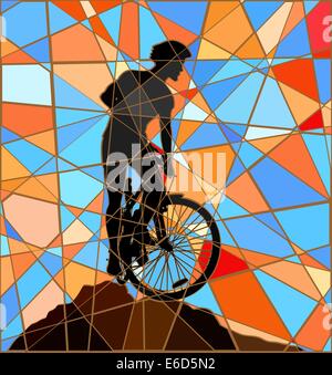 Editierbare Vektorgrafik buntes Mosaik einer Mountain Biker Silhouette hoch auf einem Bergrücken Stock Vektor
