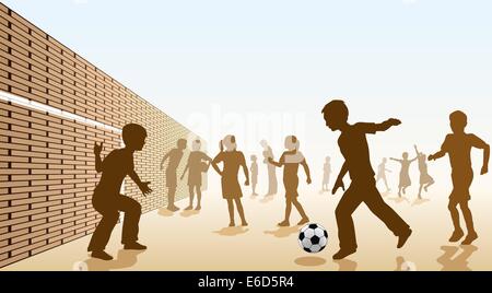 Kinder spielen Fußball auf einem Spielplatz bearbeitbares Vektor-illustration Stock Vektor