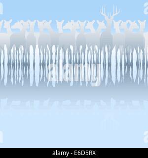 Bearbeitbares Vektor Silhouette einer Herde von Hirschen und Reflexion Stock Vektor