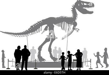 Bearbeitbares Vektor Silhouetten von Menschen betrachten ein Tyrannosaurus Rex Skelett in einem museum Stock Vektor