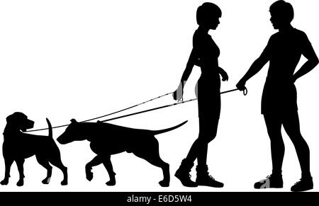 Editierbare Vector Silhouetten von Mann und Frau und ihre Hunde Interaktion Stock Vektor