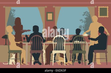 Editable Vektor bunte Silhouetten einer Familie zusammen zu essen, zu Hause oder in einem restaurant Stock Vektor