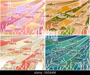 Vier Farbvarianten einer bearbeitbaren Vektor-Illustration von Fischen im Batik-Stil Stock Vektor
