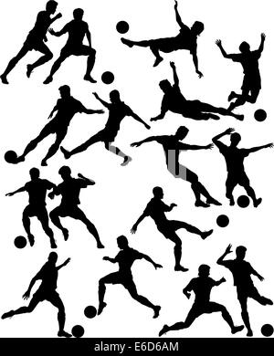 Satz von bearbeitbaren Vector Silhouetten der Männer spielen Fußball mit allen Zahlen als separate Objekte Stock Vektor