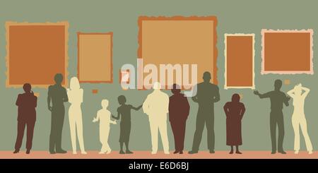 Editierbare Vector Silhouetten von unterschiedlichen Menschen auf eine Kunstgalerie oder museum Stock Vektor
