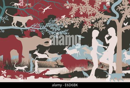 Editierbare Vector Silhouetten von Adam und Eva im Garten Eden mit allen Zahlen als separate Objekte Stock Vektor