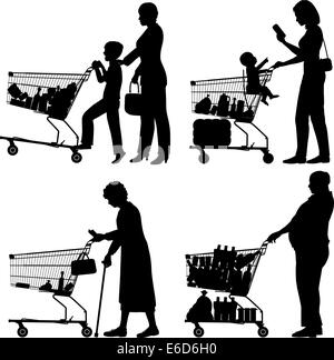 Editierbare Vector Silhouetten von Menschen und ihren Supermarkt Einkaufswagen mit allen Elementen als separate Objekte Stock Vektor