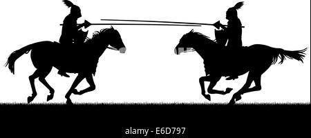 Editierbare Vector Silhouetten von zwei Rittern zu Pferde Ritterturniere mit allen Zahlen als separate Objekte Stock Vektor