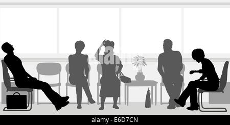 Editierbare Vector Silhouetten von Menschen sitzen in einem Wartezimmer Stock Vektor