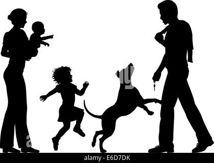 Editierbare Vector Silhouetten von einem Mann nach Hause von Frau, Kinder und Hund mit allen Zahlen als separate Objekte begrüßt Stock Vektor