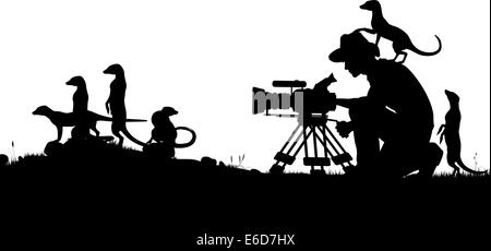 Editierbare Vector Silhouetten der Kameramann filmt Erdmännchen mit allen Elementen als separate Objekte Stock Vektor