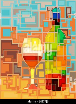 Abstrakte Mosaik bearbeitbares Vektor-Illustration einer Flasche Wein und Glas Stock Vektor
