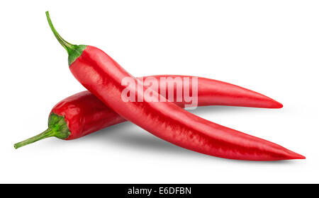 Rote Chilischoten auf dem weißen isoliert. Clipping-Pfad Stockfoto
