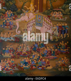 Eine reich verzierte Wandbild am Wat Chedi Luang, Chiang Mai, Thailand, traditionelle buddhistische Werte darstellen. Stockfoto