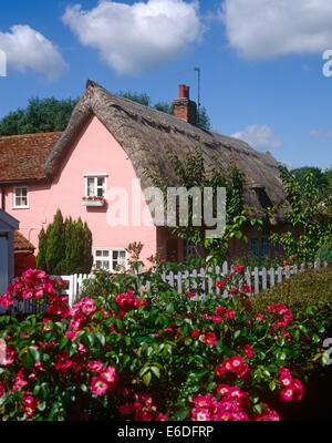 Traditionellen Reetdach Rosa Hütte Mönche Eleigh Suffolk UK Stockfoto