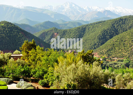 Ourika Tal & Kasbah Hotel, kühle Bergluft, fruchtbaren grüne Tälern mit Schnee bedeckt, hoher Atlas-Gebirge, Dörfer, Marokko Stockfoto