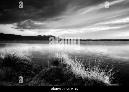 Sonnenaufgang am Borax Teich mit Steens Mountain.  Borax Lake Preserve, Oregon Stockfoto