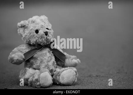 Teddy-Bär auf dem Strand schwarz und weiß Stockfoto