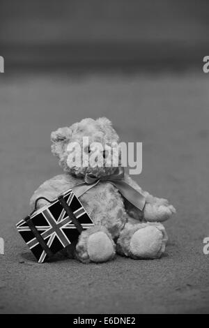 Teddy-Bär auf dem Strand schwarz und weiß Stockfoto