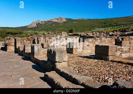 Römische Ruinen Baelo Claudia - 2. Jahrhundert v. Chr. - und Sierra De La Plata, Tarifa, Cadiz Provinz, Region von Andalusien, Spanien, Europa Stockfoto