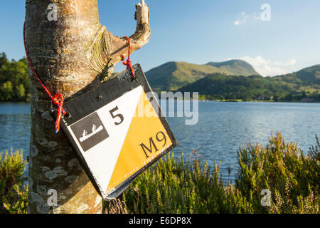 Ein Kajak-OL-Schild an Ullswater im Lake District, UK. Stockfoto