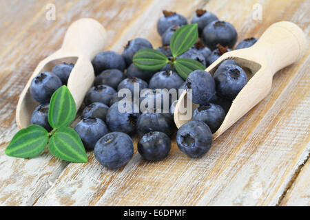 Heidelbeeren auf hölzerne Kugeln auf Holzuntergrund Stockfoto