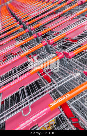 Sainsbury Supermarkt Trolleys im Vereinigten Königreich Stockfoto