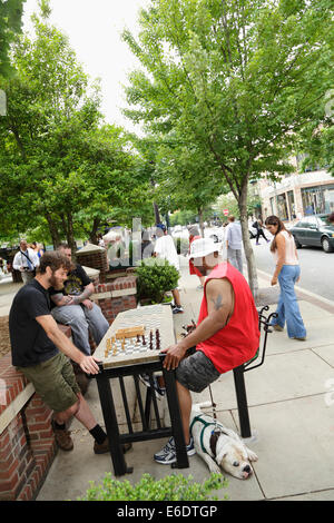 Männer spielen Schach in Pritchard Park, Asheville, North Carolina, USA Stockfoto