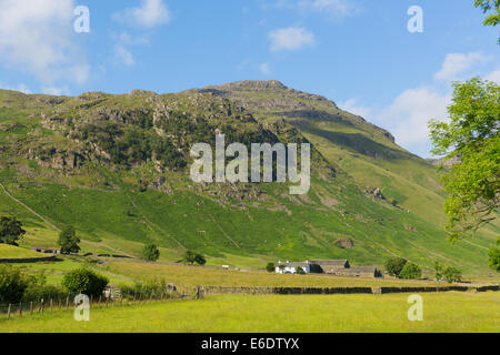 Langdale Valley Lake District Cumbria Hecht von Blisko Berg in der Nähe von alten Dungeon Ghyll England UK im Sommer blauer Himmel und Wolken Stockfoto