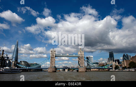 Panoramablick auf die Tower Bridge, die den Shard und die Innenstadt von London, Großbritannien, von einem Boot auf der Themse fotografierte. Stockfoto