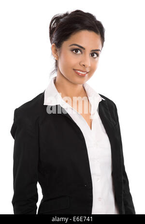 Isolierte erfolgreiche glücklich indische Geschäftsfrau über weißen eleganten Outfit tragen. Stockfoto