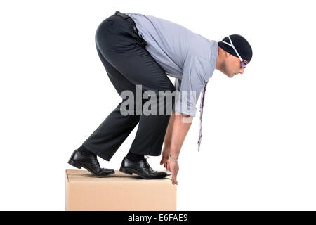 Geschäftsmann mit Ausrüstung bereit, isoliert in weiss Tauchen Schwimmen Stockfoto