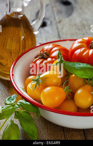 Frisch geerntete Tomaten in einem Emaille Schüssel Fleisch, Basilikum und eine Flasche Olivenöl Stockfoto