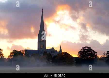 Eine Schicht von Nebel über den Auen neben der Kathedrale von Salisbury in Wiltshire, England, fotografiert bei Sonnenaufgang. Stockfoto