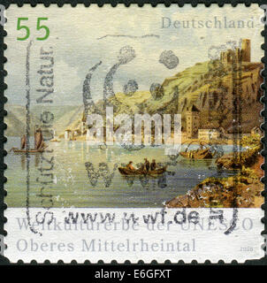 Briefmarke gedruckt in Deutschland, zeigt das obere Mittelrheintal (UNESCO Weltkulturerbe) Stockfoto