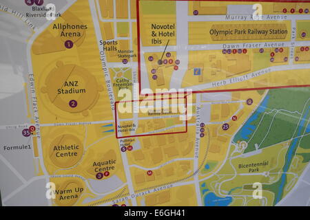 öffentliche Karte des Gebiets Sydney olympic Park angezeigt in einem Fähre Kai in western Sydney, Australien Stockfoto