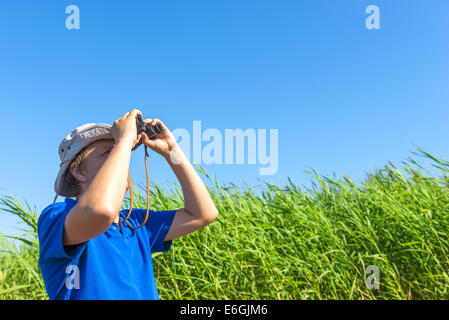 Mann sucht durch das Schilf mit dem Fernglas Stockfoto