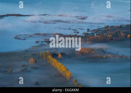 Areal Foto von nebligen Cerknica-See im Morgengrauen. Stockfoto