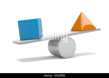 Blauen Würfel und Orange Pyramide auf Balance 3D Illustration auf weißem Hintergrund Stockfoto